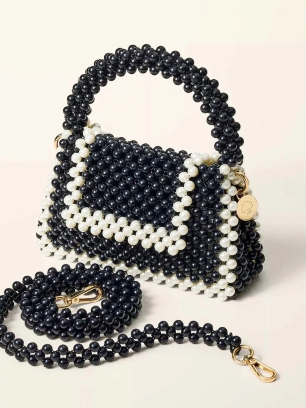 Kate Spade Black and White Beaded Handbag with Top Handle